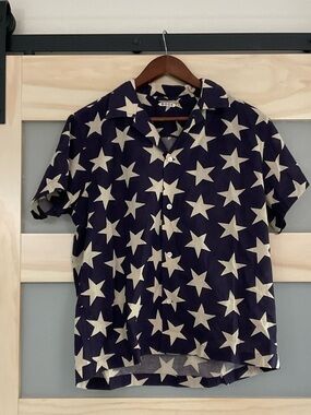 BODE Star Print Camp Collar Shirt Navy Khaki Cotton Size Small